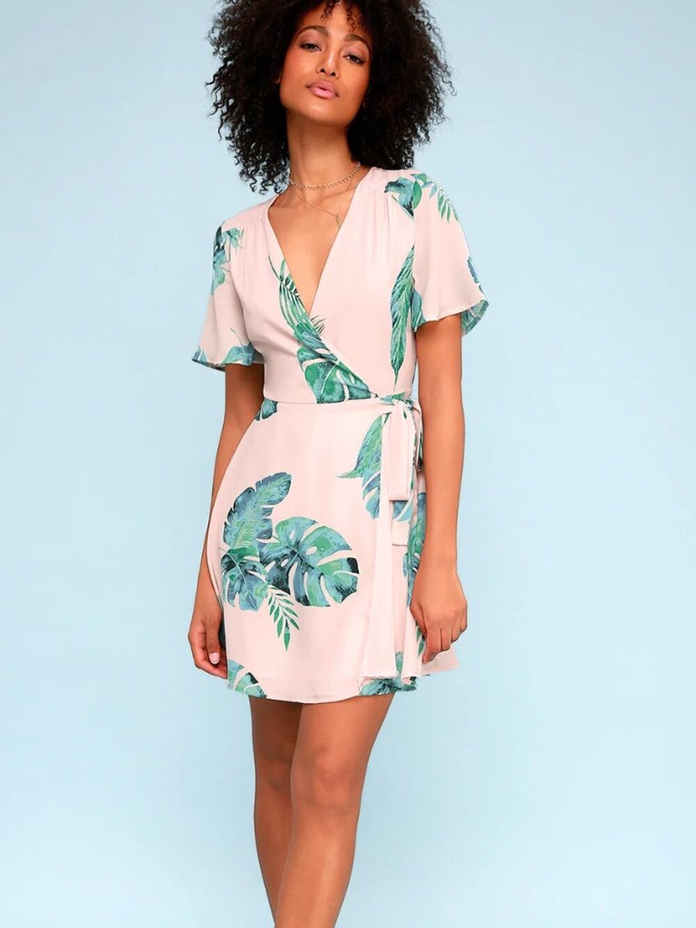 Lulus Villa Marie Blush Pink Leaf Print Short Sleeve Wrap Dress Size L